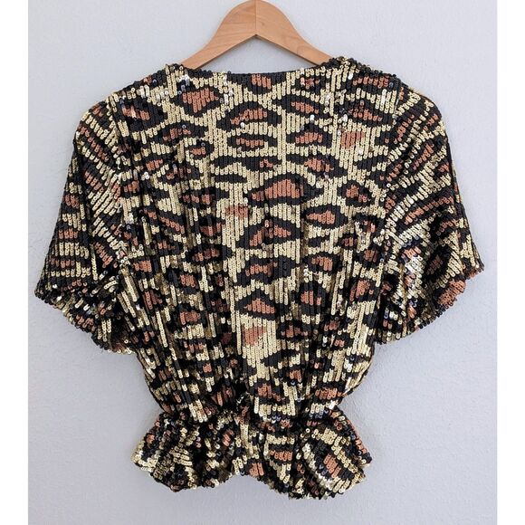 Show Me Your Mumu Eve Top Cheetah Sequin Size Small Black Gold - Picture 4 of 8